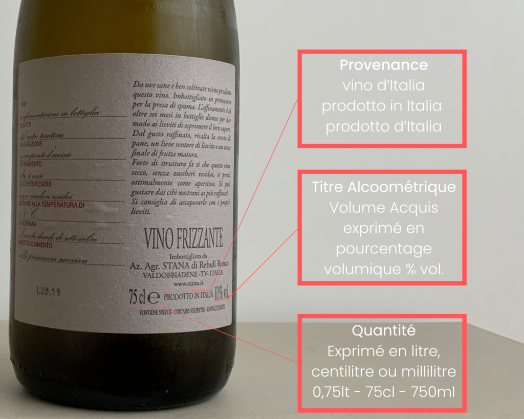 La provenance, l'alcool, la quantité, trois indications très utiles sur la bouteille et facilement compréhensibles même en italien.