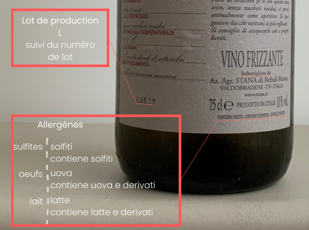 Le lot de production et les allergènes sont toujours indiquées sur l'étiquette d'une bouteille de vin européen et donc italien.
